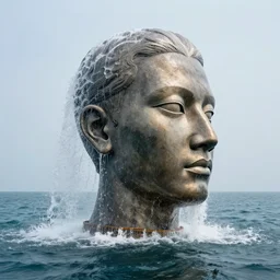 a giant water sculpture of a human head, on the ocean water, cinematic, in the style of johnson tsang, long shot, hyper detailed, hyper realistic, ray tracing, 8 k resolution, sharp focus, realistic water, award winning
