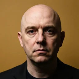 a fascinating portrait of Karl Pilkington with an extremely unnatural round head shape, deep shadows, very crispy background