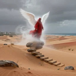 one lone singular swirling otherworldly angelic figure shrouded in red robes and white mist emerges from an extensive colorful dune scape with a stairway of floating boulders, windswept, sand, rocks, sparse vegetation, distant cityscape, grey cloudy skies, distant ocean, contrejour lighting, high contrast, highly detailed, a matte painting by Peter Mohrbacher and Filip Hodas