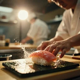 a 2 8 mm macro photo from the back of a sushi chef preparing sushi in a commercial kitchen, splash art, movie still, bokeh, canon 5 0 mm, cinematic lighting, dramatic, film, photography, golden hour, depth of field, award - winning, anamorphic lens flare, 8 k, hyper detailed, 3 5 mm film grain