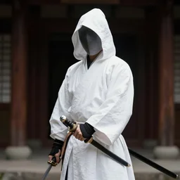 samurai cloaked in white with swords,