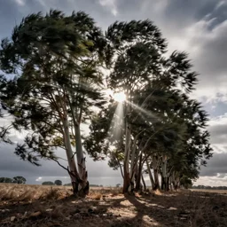long exposure photograph of eucalyptus trees, strong wind, back light, dslr, photographed by trent parke