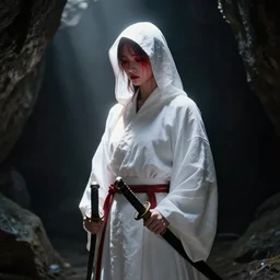 samarai cloaked in white with swords, standing in light beam of a dark cave, ruby red sorrow, high quality, ultra detail,