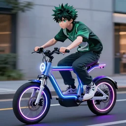 realistic Izuku Midoriya riding a neon electric bike, Greg Rutkowski