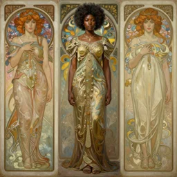detailed full body concept art illustration oil painting of a portrait of Thandiwe Newton, oriental art nouveau, frock, mid body, painting by Rembrandt, alphonse mucha, Józef Mehoffer, ultra detailed, digital art, octane render, dystopian, 4k