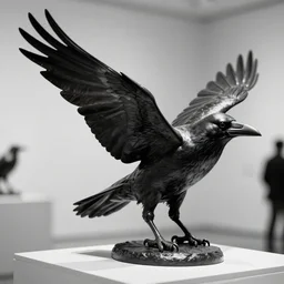 a black and white highly detailed and realistic statue of a flying crow, museum lighting, award winning, masterpiece