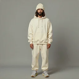 a full body lookbook portrait of modern - day jesus wearing cream yeezy menswear collection by nicola samori, hat and hoodie, detailed, oil painting, hyper realistic, 8 k, yeezy collection