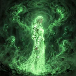 side profile, imogen poots, cursed armor, gloomhaven, luminescent, pale green glow, haunted green swirling souls, evil inky swirly ripples, sickly green colors, by greg manchess, huang guangjian, gil elvgren, sachin teng, greg rutkowski, jesper ejsing, ilya kuvshinov