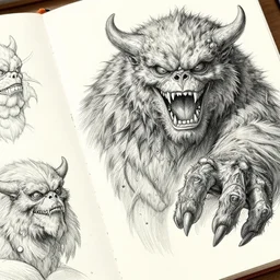 sketchbook pages monster reaching out, magnificent, close up, details, sharp focus, elegant, highly detailed, illustration, by jordan grimmer and greg rutkowski, intricate, beautiful, trending artstation, pixiv, digital art