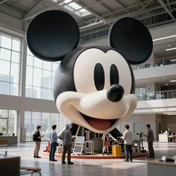 engineers building giant head of robotic mickey mouse, inside of abandoned netflix office, by beeple, dystopia, golden ratio, octane render, redshift, trending on artstation, 8 k
