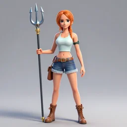 A full body portrait of emma watson as Nami from one piece holding a trident in one hand, 3d, trending artstation