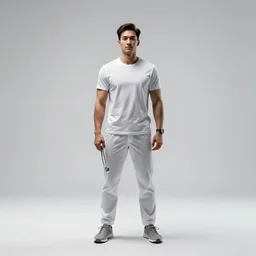 athletic dentist with tools, cinematic studio photo, full body, standing, isolated on a pure white background, centered, whole figure in frame, sharp focus, studio lighting