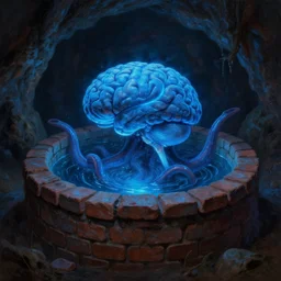large brain in a shallow brick well, tentacles, dark cave room, blue bioluminescence, oil painting by greg rukowtski, detailed, blue lighting, dark, glowing water, eerie, trending on artstation