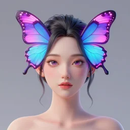 a 3 d model of an exotic beautiful woman with a neon butterfly head, fixed eyes, perfect symmetrical lips, unreal engine, cinema 4 d, intricate details, 8 k, ultra realistic, super detailed, octane, ray tracing, artstation, beeple, shiny plastic viny look