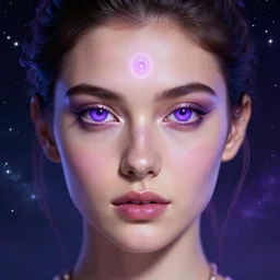 a beautiful colorful digital portrait of an attractive girl with violet eyes and open third eye spiritual art, space background, breathtaking stars, hyperrealistic, photorealistic, hyper sharp, 4k, detailed, hypermaximalist, 8k, hyper realistic, 4k HDR,