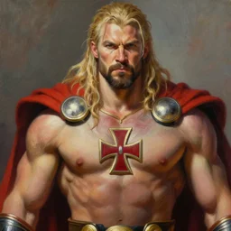 the might thor from marvel comics, closeup portrait, sci fi, fantasy, intricate, with german iron cross on bare chest, elegant, loin cloth, highly detailed, oil painting, artstation, concept art, matte, sharp focus, illustration, hearthstone, art by earl norem