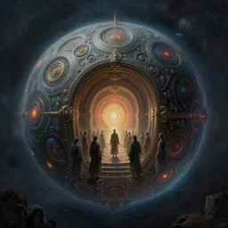 sphere of infinite streaming paradise enlightening the masses and a portal to hell and back, fantastic and magical, moody and mysterious, ornate swirling information, intricate fractal algorithms, gorgeous detail, smooth sharp edges, crisp lines, beautifully detailed digital oil painting by artgerm and beeple