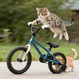 Kitten jumping a large dog with a stunt bike