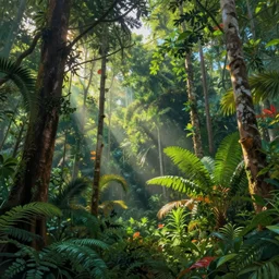 surreal glimpse, malaysia jungle, summer morning, very coherent and colorful high contrast pastel art by gediminas pranckevicius james gilleard james gurney floralpunk screen printing woodblock, dark shadows, hard lighting, stippling dots,