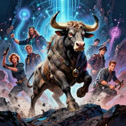 pulp scifi fantasy illustration full body portrait minotaur half man half bull, background of glowing mystic runs in rock, dynamic action, by norman rockwell, jack kirby, alex ross, bergey, craig mullins, ruan jia, jeremy mann, tom lovell, 5 0 s science fiction, astounding stories, amazing, fantasy, other worlds