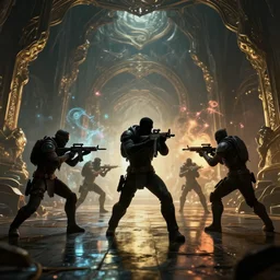 almost silhouette of 5 counter strike fantasy characters fight with magic in big cave, action scene, lumen reflections, sharpened, insanely detailed and intricate, hypermaximalist, elegant, ornate, hyper realistic, super detailed, digital art, bokeh blur