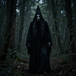 A scary wich in a dark forest