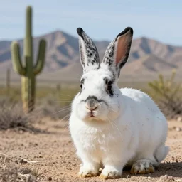 photo of a white bunny with black spots on face and nose, in the Texas desert, cactus, desert mountains, big bend, 50mm, beautiful photo,