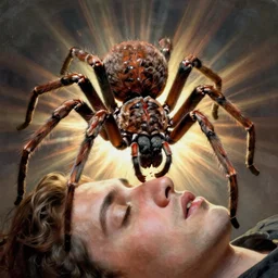 a gigantic spider eating a human head