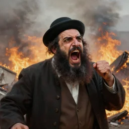 a close view of a jewish rabi screaming in panic!!!, derbis!!!, rubble!!, fires!! hyperrealistic, highly detailed, cinematic, foggy light from fires, beautiful, cgssociety, artstation, 8 k, oil painting by greg rutkowski, by artgerm, by wlop