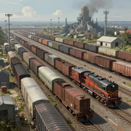 -9 A grand train freight yard, a sci-fi digital painting by Simon Stålenhag