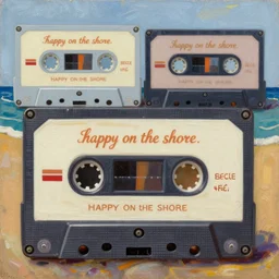 happy on the shore. cassette era technology, vintage shapes, retro technology, happy color, wayne barlow, oil on canvas, deep depth field, masterpiece, cinematic composition, hyperdetailed