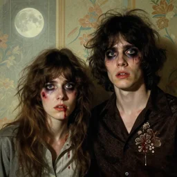 two handsome but creepy young nonbinary people in layers of fear, with haunted eyes and wild hair, 1 9 7 0 s, seventies, wallpaper, a little blood, moonlight showing injuries, delicate embellishments, painterly, offset printing technique, by john howe, brom, robert henri, walter popp