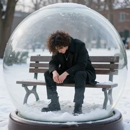 A man with curly hair dressed in all black hunched over sitting in a park bench inside of a snow globe