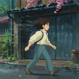 a wholesome animation key shot of  a person walking in the streets being knocked down by the wind, rainy weathergarage, medium shot, waist up, studio Ghibli, Pixar and Disney animation, sharp, Rendered in Unreal Engine 5, anime key art by Greg Rutkowski, Bloom, dramatic lighting
