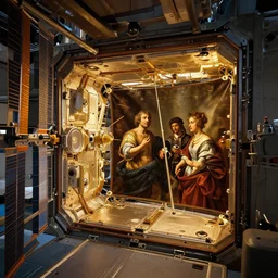 inside a tourist module for the iss designed by zaha hadid, cinematic lighting, deep focus, sharp focus, golden ratio, dramatic illumination, hdr, ultra realistic, 8 k, highly detailed, trending on artstation, epic composition, by caravaggio, by artemisia lomi gentileschi