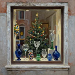murano glass in a shop window in venice at christmas, oil painting
