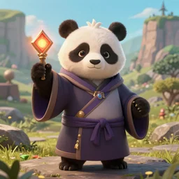 a portrait an anthropomorphic panda mage casting a spell, wearing mage robes, landscape in background, cute, dnd character art portrait, by world of warcraft and peter mohrbacher, cinematic lighting