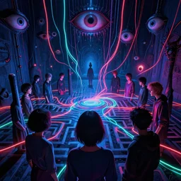 demonic ritual, neon, (they) are watching, RGB, glowing wires everywhere, rods, eyes, maze, pristine, by Junji Ito, Laurie Lipton, Ross Tran, Zdzisław Beksiński, and Michael Whelan, distant, gustav dore, H.R. Giger, 8k, octane render