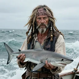 An old sailor with a beard, Willem Dafoe, holds a shark at arm's length, stands against the background of a raging sea, the background is blurred, focus in the foreground, realism, details,
