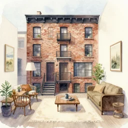 photo of an rustic apartment in soho, watercolor