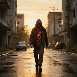 lava man walking on a rainy street in a abandoned city, golden hours, heat wave, 4 k photoshop, photorealistic, 1 0 0 m, sharp focus, bokeh