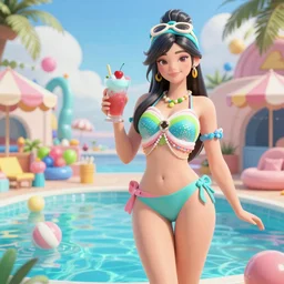 Character sheet of gorgeous pool party lux (League of Legends). 3d octane render trending on artstation