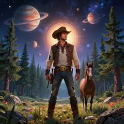 psychedelic, trippy, broken cowboy, pine forest, horse, planets, milky way, cartoon by rob gonsalves