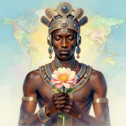 opalescent retrofuturistic digital airbrush illustration of an african warrior wearing an ornate gpu headpiece and holding a flower with a map of the collective subconscious in the background by luigi patrignani
