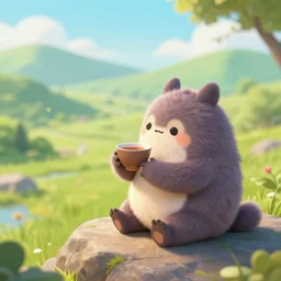 A cute furry monster drinking tea on a rock looking out over a beautiful landscape