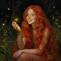infp girl, smiling, amazed by golden fireflies lights, sitting in the midst of nature fully covered, long loose red hair, intricate linework, green eyes, small nose with freckles, oval shape face, realistic, expressive emotions, dramatic lights, spiritual scene, hyper realistic ultrafine art by cecco del caravaggio and albert bierstadt and artgerm
