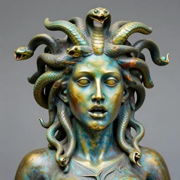 colorful bronze statue scary bizarre medusa's head of snake for hair