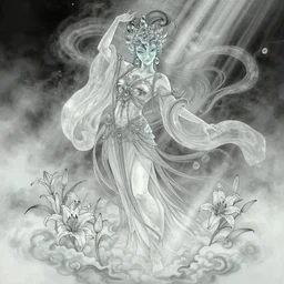 chinese taoist fairy godde with crystal liu's face. misty clouds, hyper detailed, character concept, full body, dynamic pose, intricate, lineart, cerpuscular rays, lily flowers. by yoshitaka amano, alfons mucha and makoto shinkai. 8 k