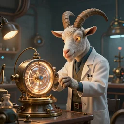 a mad scientist goat in lab coat creating a time machine, steampunk style, digital art, trending on artstation and unreal engine, deviantart, smooth, hyper detailed, award - winning, hd