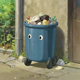 full view, from a distance, of anthropomorphic trashcan by studio ghibli, walking down the street, full of trash, highly detailed